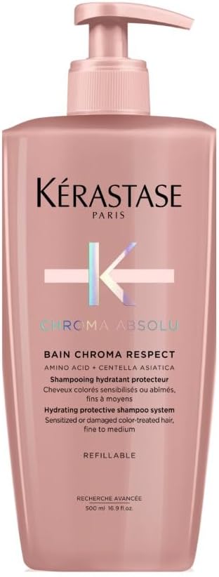 Kérastase Chroma Absolu, Hydrating and Protective Shampoo, Sensitised or Damaged Color-Treated Hair, Fine To Medium, With Glycerin, Amino Acid and Hyaluronic Acid, Bain Chroma Respect, 500ml