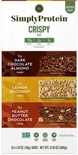 SimplyProtein Crispy Bars, 15 Bars, 21.16 oz, Variety Pack: 5 x Dark Chocolate Almond, 5 x Lemon Coconut, 5 x Peanut Butter Chocolate
