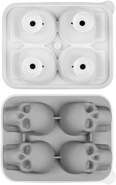Food-Grade Skull-Shaped Silicone Ice Ball Mold with Lid - Unique and Fun Ice Cube Maker (4-Cavity skull-Grey)
