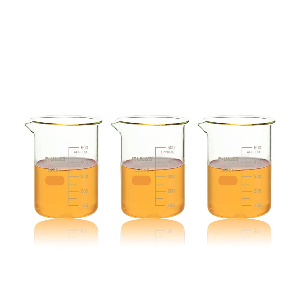 ULAB Scientific Glass Beakers, Vol. 500ml, 3.3 Borosilicate Griffin Low Form with Printed Graduation, Pack of 3, UBG1026