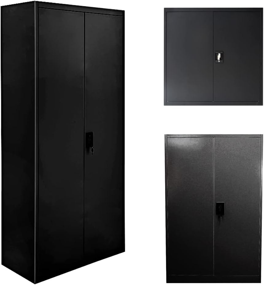 Panana Metal Storage Office Cabinet 2 Door Cupboard 5 Shelves 185cm Tall Furniture (Black, 5 Tier)