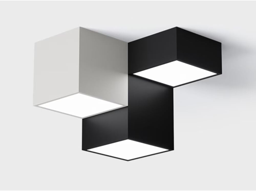 36W LED Flush Mount Ceiling Light Fixture - Black & White Cube Metal Chandelier, 6000K Cold Light, Stylish Geometry Design for Kitchen, Dining Room, Bedroom & Living Room