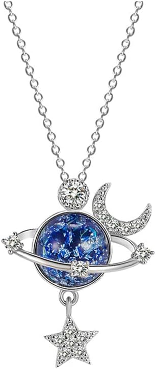 GAUEIOUR Star Necklace, Silver Zircon Star Moon Surround Fantasy Planet Jewelry Gift for Ladies