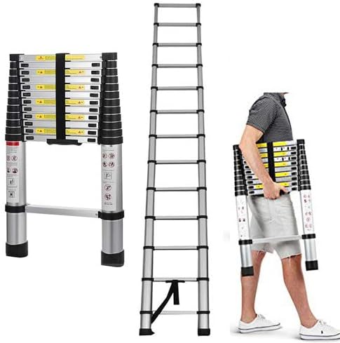 12.5ft/3.8m Aluminum Extension Telescopic Ladder Collapsable Folding Ladders with Certificate EN131 Max. Load 150kg/330lbs Lightweight 23.15 lbs/11Kg