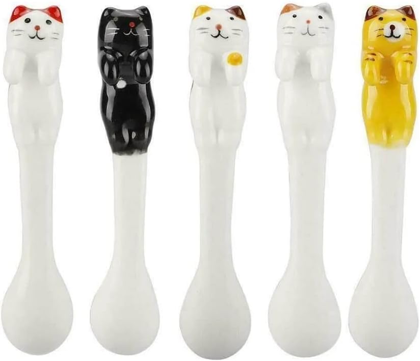 5 PCS Mini Cute Ceramic Cat Spoon Hangable Tea Spoon Coffee Spoon Sugar Spoon Cartoon Animals Hanging Spoons for Tableware Multi-Functional Kitchen Tools