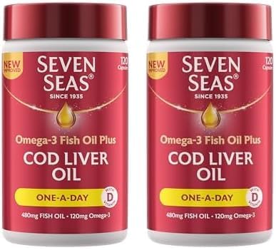 Seven Seas Cod Liver Oil Tablets with Omega-3, Fish Oil, One A Day, 4 Months Supply (120 Capsules), EPA & DHA, with High Strength Vitamin D & A (Pack of 2)