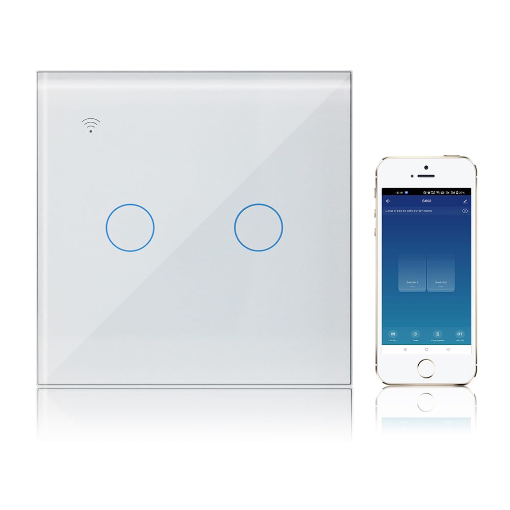 KETOTEK Smart Light Switch WiFi 2 Gang 1 Way Compatible with Alexa, Touch Light Switches White Glass Panel Tuya Smart Life App
