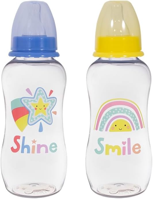 2 Pack Baby Milk and Water Bottles, Easy Grip and Soft Silicone Medium Flow Teats 300ml 10oz, Fun and Cute Animal Designs, Great for Home, Nursery or On The Go, 0+ Months