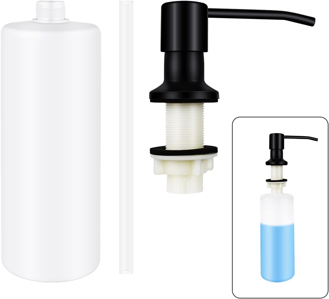 1 Pcs Soap Dispenser for Kitchen Sink Stainless Steel Built in Soap Dispenser Countertop Pump Head with 17OZ Large Liquid Bottle fit Kitchen Bathroom (Black)