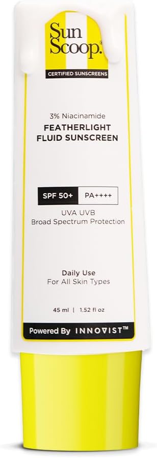 Sunscoop's 3% Niacinamide Fluid Sunscreen| SPF 50+ PA++++| Super light formula| Prevents tanning & sunburn| Reduces pigmentation| Non-Comedogenic| 45ml