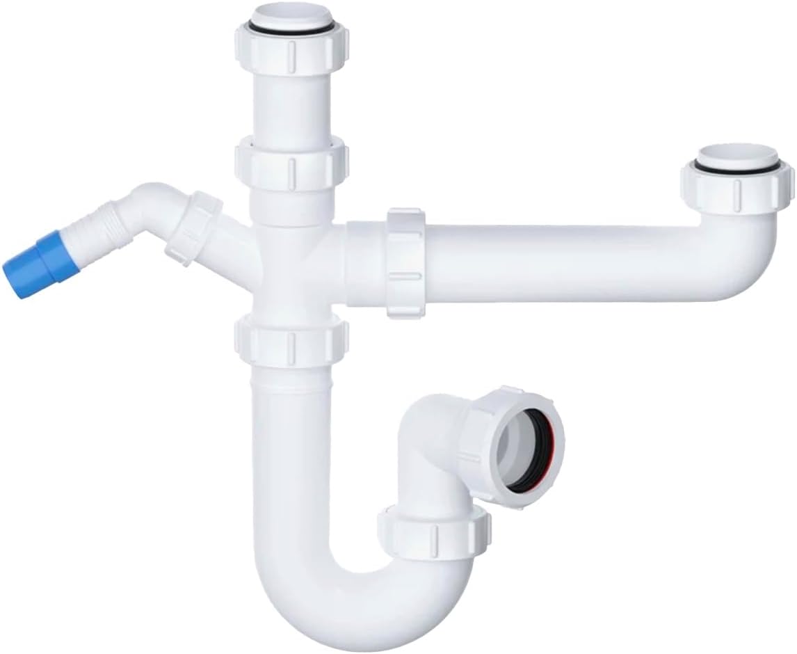 PlumbEZ Standard Bowl and Half Kitchen Sink Waste Kit with Washing Machine Waste Pipe Connector, 40mm Pipe fits 1.1/2", 75mm Water Seal, Universal Outlet 1.5 Bowl Kit