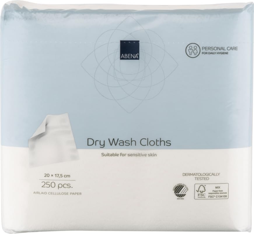 ABENA Dry Wipes, Airlaid Wash Cloths for Personal Care |250 Body Wipes Per Pack| 20x17.5cm Wipes For Adults| Wash Cloth Dry Wipes For Adults Personal Care, Adult Body Wipes For Cleansing