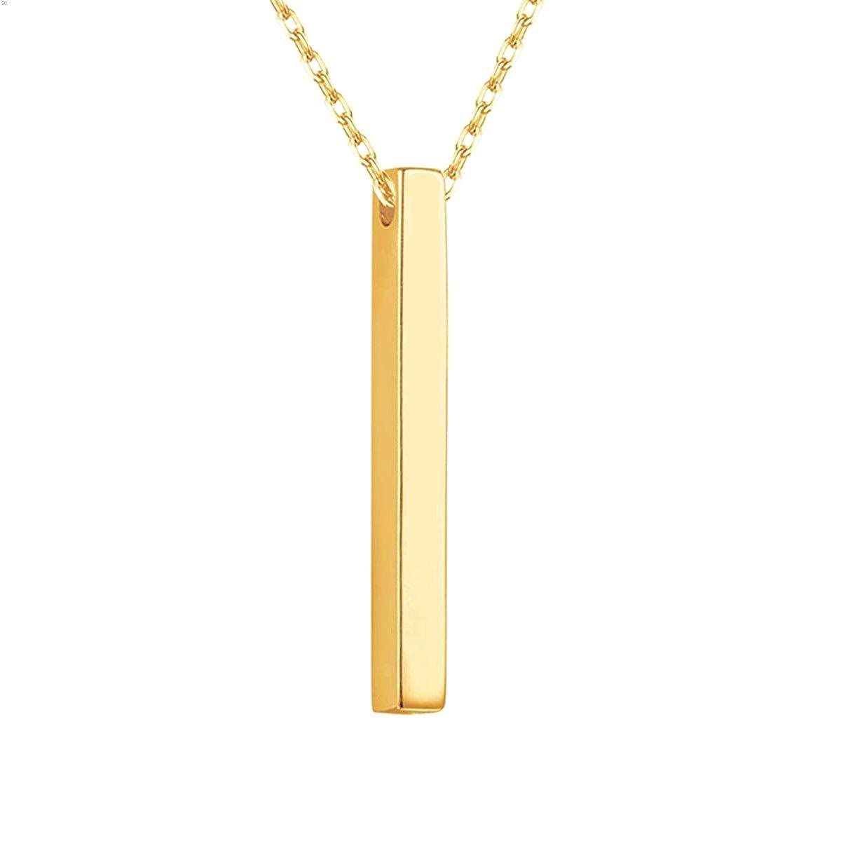 14k Solid Gold 3D Bar necklace Box Chain, 4 Sided Vertical Cube Bar, Gold Bar Jewelry Lobster Claw, All Sides Engraved Memorial Bar Necklace, Engrave Name Date Coordinate Funeral Necklace