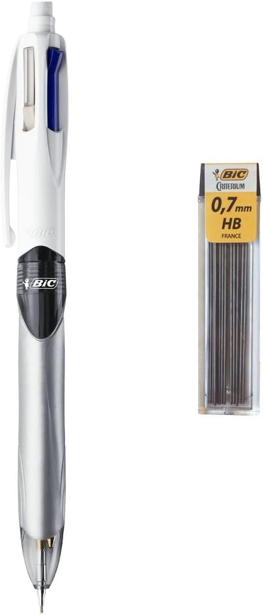 BIC 4 Colours Pen and Pencil Combo, 3 Ballpoint Pens Medium 1.0mm Blue, Black, Red, 1 Mechanical Pencil, 12 Leads Medium 0.7mm, 1 Per Pack, 1 Pack