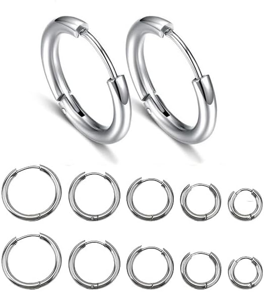 5 Pairs Silver Hoop Earrings, Hoop Earrings for Men Women, Titanium Steel Cartilage Nose Lip Rings, Unisex Huggie Hinged Hypoallergenic Tiny Sleeper Earrings, 12/14/16/18/20MM