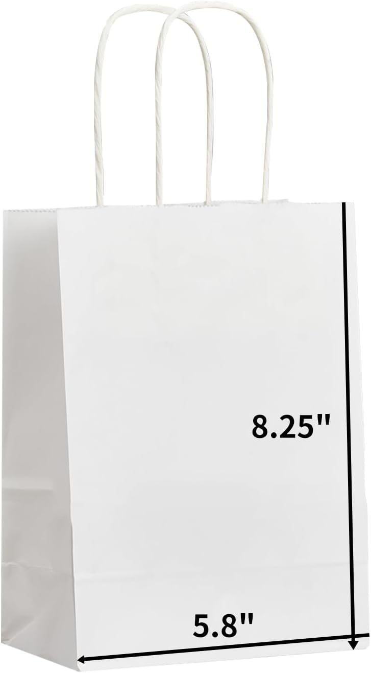 METAPRINT 100 Pack Small Paper Gift Bags 5.8x3.2x8.25 Inch White Paper Bags with Handles, Kraft Bags for Birthday Party Favors Grocery Retail Shopping Business Goody Craft Bags (White 100 Count)