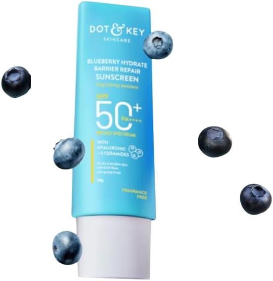 Dot & Key Blueberry Hydrate Barrier Repair Sunscreen, SPF 50+ PA++++, Water-Cream Texture, Fragrance-Free, 7 UV Filters (50g)