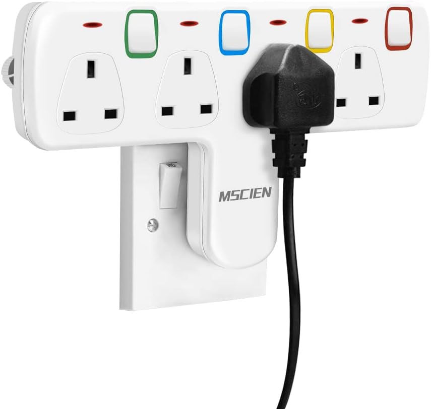Mscien Plug Extension Socket, Multi Plug Adaptor 4 Way with Individual Switches, Adapter plug UK Turn 1 into 4, Wall Socket Plug Extender without Cable