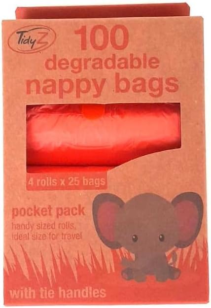Easy-Tie Disposable Diaper Sacks - 100 Nappy Bags for Travel - Degradable Dog Poo Bags With Handles (Pack of 1)