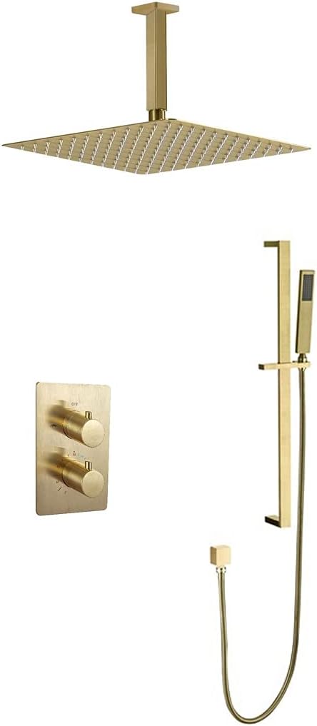 Shower Systems, Ceiling Mounted Thermostatic Brushed Gold Bathroom Rain Mixer Shower Set with 10-12" Square Rainfall Shower Head and Adjustable Height Slide Bar, Luxury S