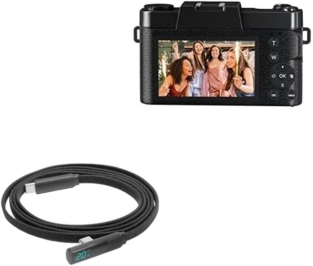 BoxWave Cable Compatible with Saneen Digital Camera 4K & 56MP - PowerDisplay PD Right Angle Cable (4ft) - USB-C to USB-C (100W), LED Wattage Info Extra Long Braided Nylon - Jet Black