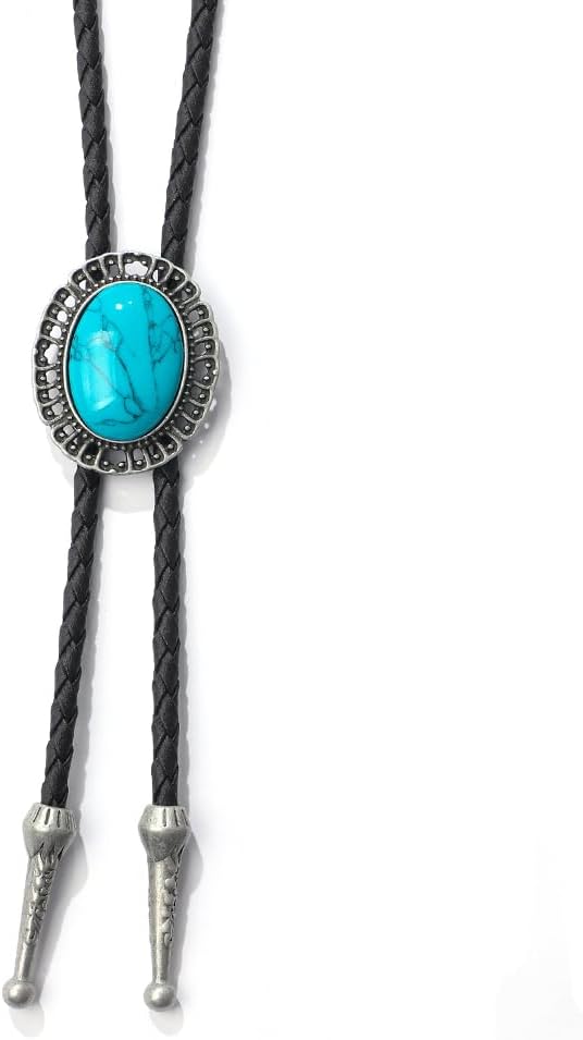 AZORA Western Cowboy Bolo Tie Men Leather Necktie Leather Cord Turquoise Stone Bolo Ties for Men Women