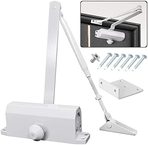 MARIE Hydraulic Spring Door Closer with Hold Open Soft Close Size 3 with Automatic Adjustable Arm Operated for Commercial & Home 40-65KG Weight Door with Installation Video EN1154 Certification White