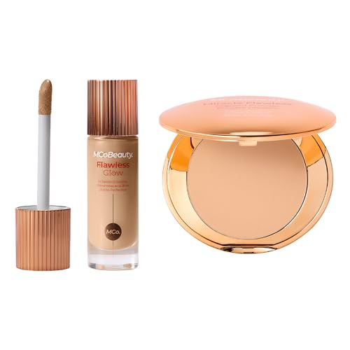 MCoBeauty - Bundle – Flawless Glow & Miracle Flawless Pressed Powder – Natural Medium Shade - Radiant Base – Hydrating Illuminator – Setting Powder – Soft Focus Finish