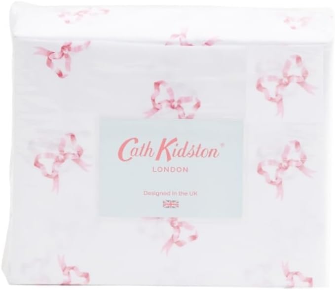 Cath Kidston Pink Ribbon Bow Queen Sheet Set, Cotton, 200 Thread Count, White with Pink Print