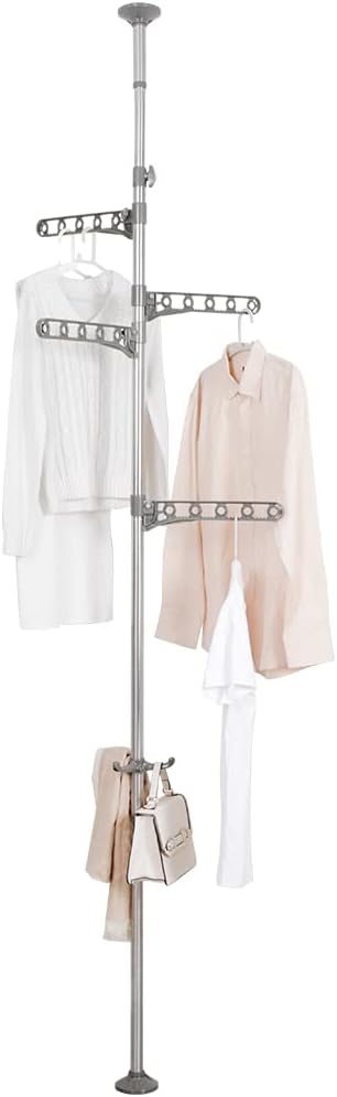 Hershii Adjustable Clothes Drying Rack Indoor Balcony Laundry Storage Organizer Shelf Garment Coat Display Hanger Stand DIY Floor to Ceiling Telescopic Tension Pole Tidy Rail - Grey