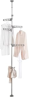 Hershii Adjustable Clothes Drying Rack Indoor Balcony Laundry Storage Organizer Shelf Garment Coat Display Hanger Stand DIY Floor to Ceiling Telescopic Tension Pole Tidy Rail - Grey