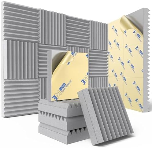 24 Pack Sound Proof Foam Panels for Wall with Self Adhesive, 3" X 12" X 12" High Density Acoustic Panels Sound Absorbing Quick-Recovery, Wedges Soundproof Wall Panels for Gaming & Studio Decor - Gray