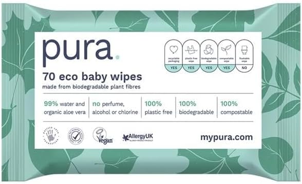 Pura Eco Friendly Baby Water Wipes 4 x 70 per pack, (280 Wet Wipes) 100% Plastic Free, 99% Water, Biodegradable, Compostable, Vegan, Suitable for Sensitive & Eczema Prone Skin, Newborn