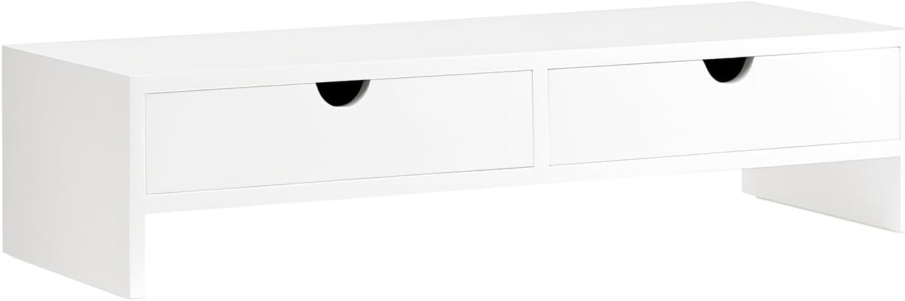 SoBuy Wooden Monitor Stand with Drawers Monitor Riser Computer Stand Desk Shelf Home Office Desk Accessories White 47x18x11cm BBF02-W