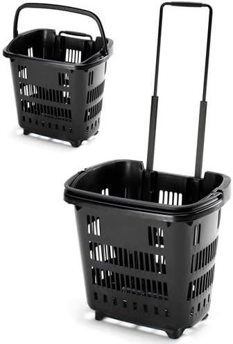 Rolling Shopping Trolley Baskets 34 Litre Plastic Stacking plastic Baskets (1, BLACK)