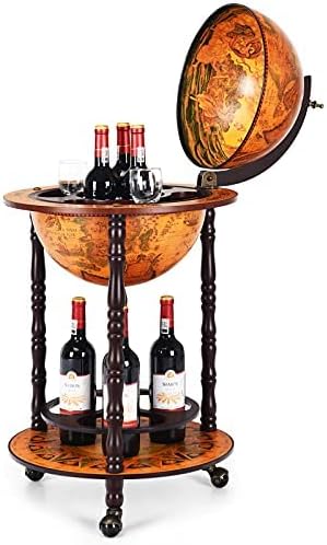 COSTWAY Globe Bar on Wheels, Bar Trolley Retro Serving Trolley Wooden Wine Stand, 2 Levels Home Bar, Wine Rack for Spirits, Drinks