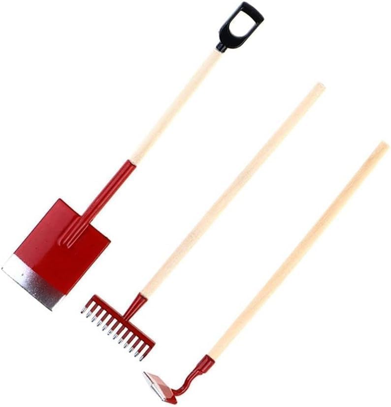 3 Pcs Red Miniature Garden Tools 1:12 Mini Shovels and Rake Farm Tools Fairy Garden Dollhouse Accessories Furniture Toy Sets
