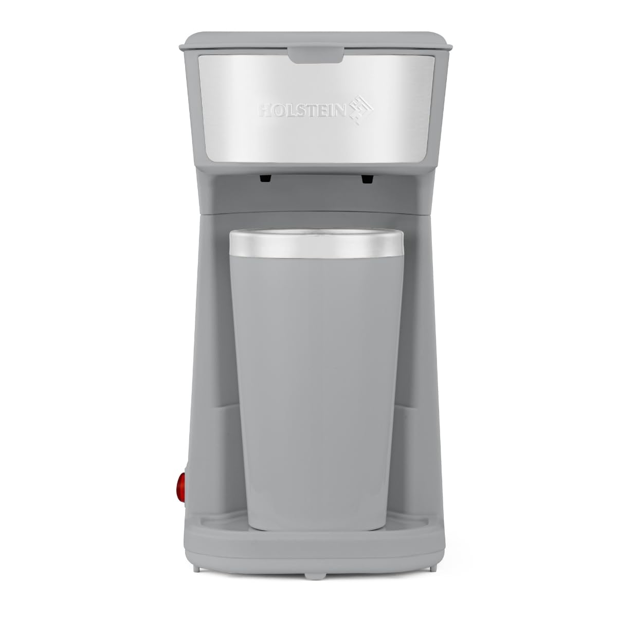 Holstein Housewares Personal Coffee Maker with 14oz Travel Mug – Compact One-Touch Brew Machine with Reusable Filter, Auto Shut-Off, Non-Stick Plate, Ideal for Home, Office, or Dorm. Grey