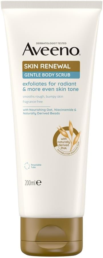 Aveeno Skin Renewal Gentle Body Scrub (1x 200ml), Gentle Exfoliator with Nourishing Prebiotic Oat, 2% Naturally-Derived PHA & Smoothing Niacinamide, Body Scrub for sensitive Skin