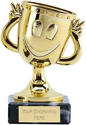 TROPHIESPLUSMEDALS Personalised Mini Smiley Man Cup Trophy - 11cm | Small 4 3/8" Gold First Place Award Winner Trophies for Party, Sports, School & Games Reward | Includes Free Metal Plate Engraving
