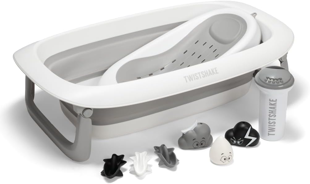 Twistshake Baby Bath V2 Set | Foldable Bath with Bath Pillow & Rinser | 30L Capacity | BPA Free | 0-4 Years | Grey Pastel