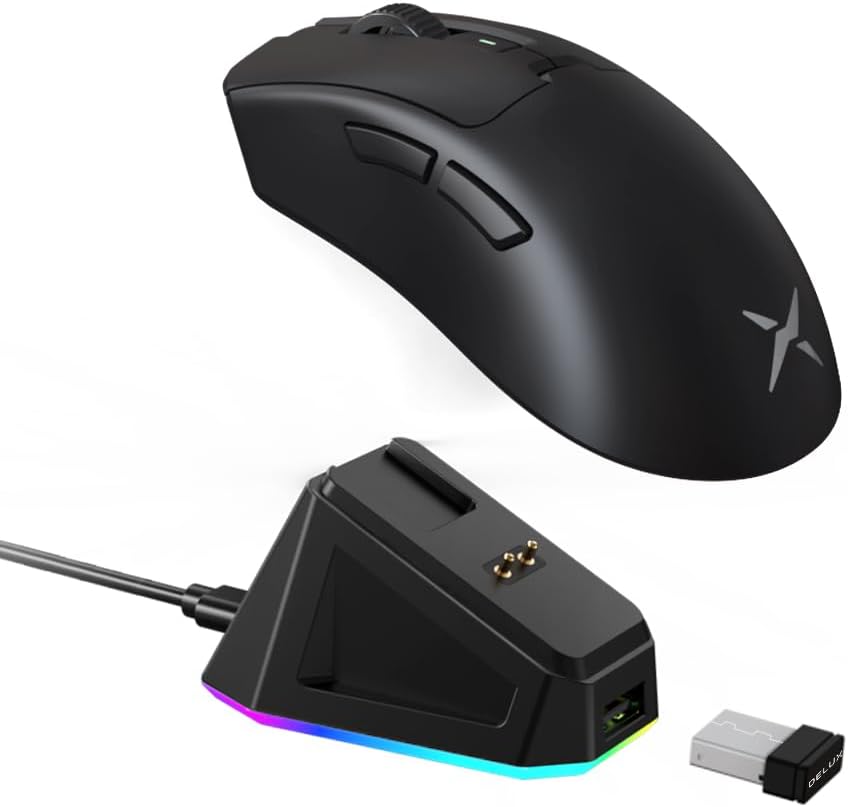 DeLUX M900PRO Wireless Gaming Mouse, 8000Hz Polling Rate, RGB Charging Dock, 63g Ergonomic Design, PAW3395 Sensor with 26000DPI, Programmable Buttons (Black)
