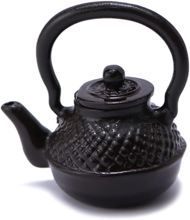Dollhouse Miniature Vivid Teapot Tea Kettle 1:12 Scale Kitchen Copper Model Artificial House Decoration Food Ornament Accessories (Black)