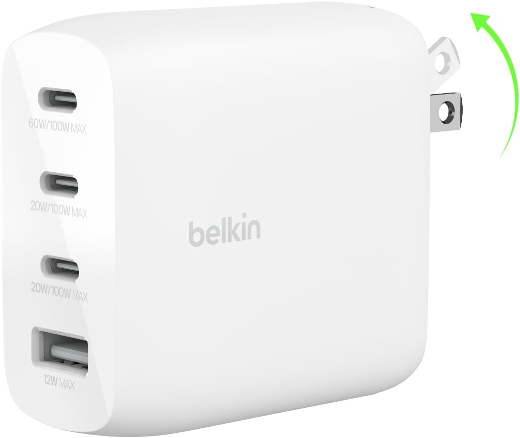 Belkin 112W 4-Port GaN Charger Block, USB-C Power Delivery Super Fast Charging & USB-A Port for MacBook, Samsung Galaxy S25, Apple iPhone 16, iPad, Google Pixel, Nintendo Switch 2 & More