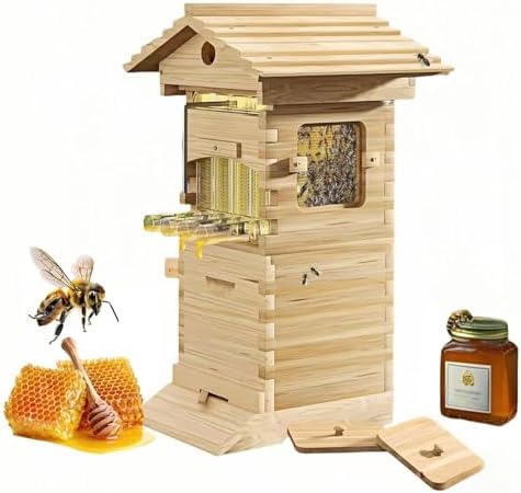Beehive Kit - Flow Hive with Observation Window & Honey Spout, Wooden Bee Box with Integrated Carpenter Bee House