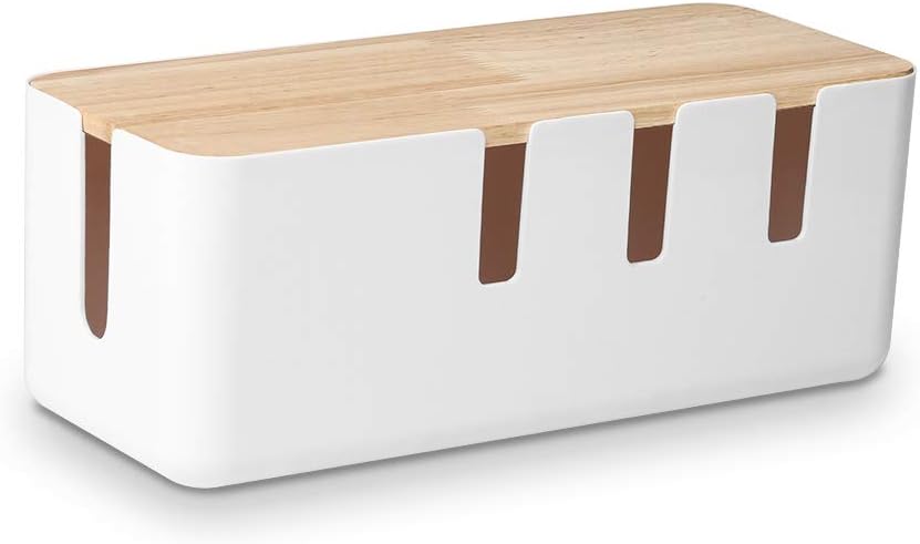Cable Management Box by Baskiss, 12x5x4.5 inches, Wood Lid, Cord Organizer for Desk TV Computer USB Hub System to Cover and Hide & Power Strips & Cords