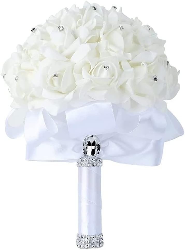 Wedding Bride Bouquet Holding flowers Crystal Diamond Foam Roses Holding flowers with Beautiful Ribbon Bridal Bridesmaid Wedding Bouquet Artificial Silk Flowers Hand Holding (White)