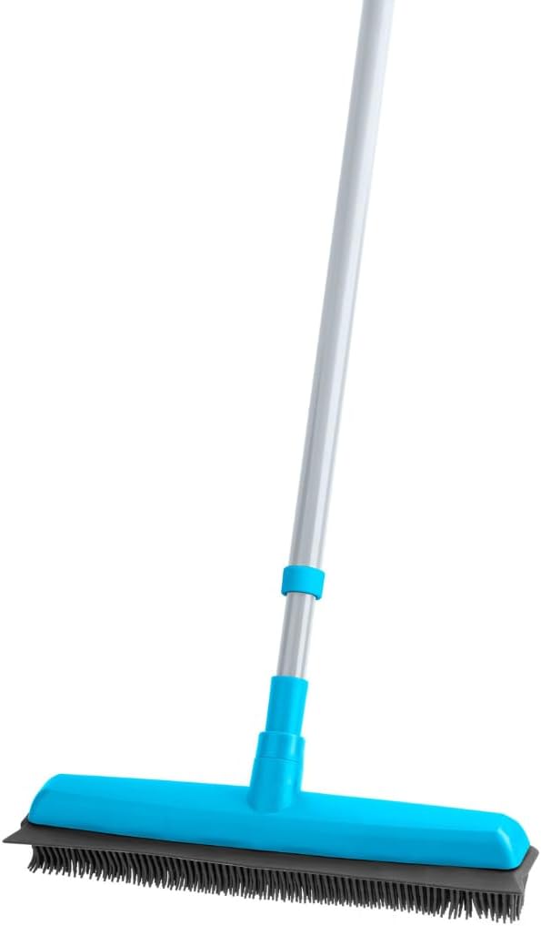 DTD QUALITY MATTERS Extendable Rubber Broom with Squeegee – Indoor Carpet Sweeper, Pet Hair Remover Brush – Telescopic Handle – Rubber Bristles – Grey, Turquoise or Metallic (Blue)