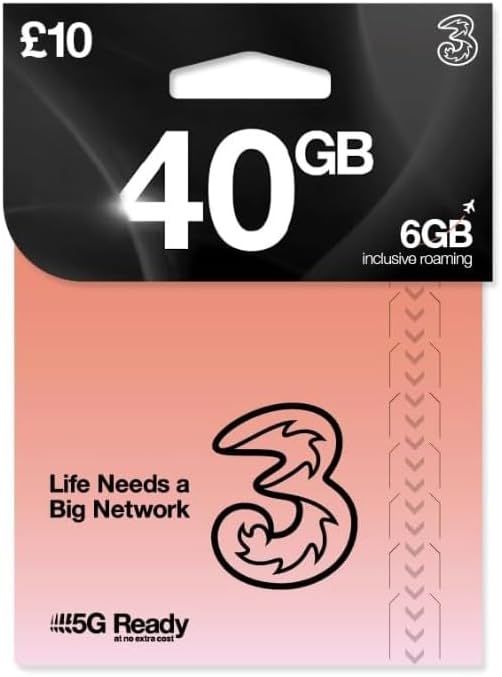 THREE 4G/5G | PREPAID PAYG SIM CARD | 40GB WITH UNLIMITED CALLS & TEXTS PLUS FREE ROAMING IN OVER 70+ COUNTRIES WORLDWIDE