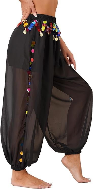 Leemiman Women Belly Dance Costume Harem Pants Indian Dance Trousers Bollywood Hanging Coin Sequins Lantern Pants Chiffon